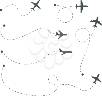 Plane paths. Airline routes, airplane silhouettes and dotted trails vector set. Illustration plane route in sky, airplane silhouette flight line
