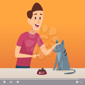 Groomer man. Male with cat, video content about pets. Animal channel online, blogger and cute kitten vector illustration. Cat and groomer, video content about animal
