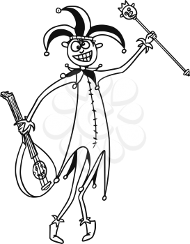 Cartoon vector  fantasy medieval jester fool clown buffoon with hat, scepter and zither or guitar