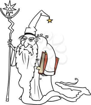 Cartoon vector old fantasy medieval wizard sorcerer or royal adviser with book, staff and full-beard
