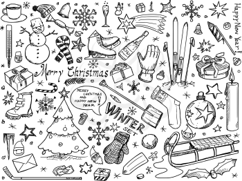 Set of vector icons drawings doodles - winter, Christmas, New Year theme
