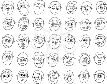 Set of vector hand drawn male or boy faces with different facial expression