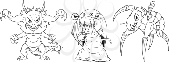  Vector cartoon set of dangerous mutant monster caricatures of lizard, snail and turtle