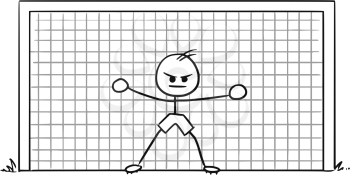 Cartoon vector doodle stickman soccer football goalkeeper is ready to catch a ball