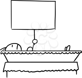 Cartoon vector doodle dead stickman lying in the casket and holding empty sign for your text