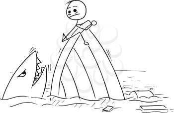 Cartoon vector stickman man holding on the ship wreck trying to stay far from the shark 