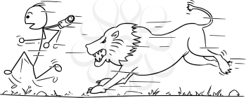 Cartoon vector stick man male tourist is running away from male lion pursuing him