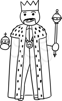 Cartoon vector stickman medieval king is posing in robe gown with royal crown, scepter and apple
