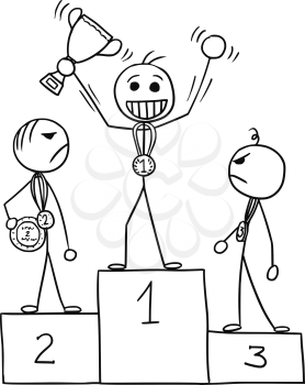 Cartoon vector stickman three males standing on the winners' podium rostrum, winner is enjoying and celebrating, losers are watching him in anger