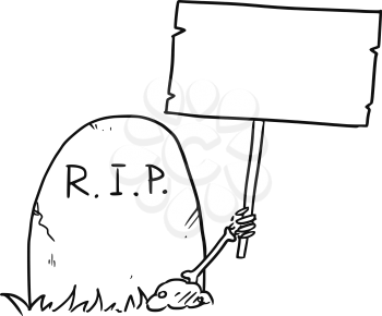 Cartoon vector arm of the dead skeleton is sticking out of the grave tombstone holding empty sign