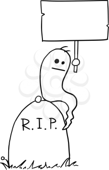 Cartoon vectorghost sitting on the tombstone grave with empty sign in his hand