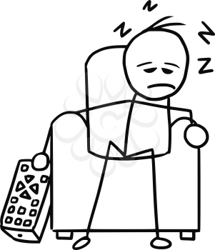 Cartoon vector doodle stickman Sleeping in the Chair in front of television