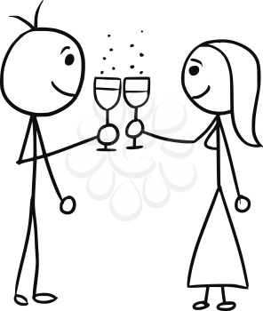 Cartoon vector doodle stickman man and woman touch glasses of vine