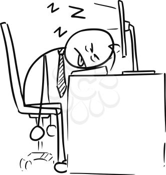 Cartoon vector doodle exhausted tired stickman man sleeping on the computer keyboard in the job
