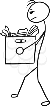 Cartoon vector doodle stickman man carrying large box with office paper