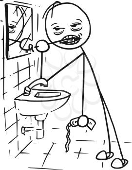 Cartoon vector stickman cleaning his tooth in the bathroom in front of the mirror. Very tired or sick or drunk.