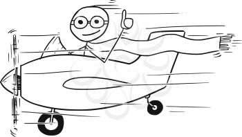 Cartoon vector stickman man flying in small propelled airplane showing thumb up and smiling.