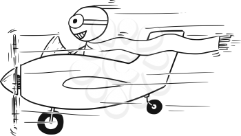 Cartoon vector stickman man flying in small propelled airplane smiling.