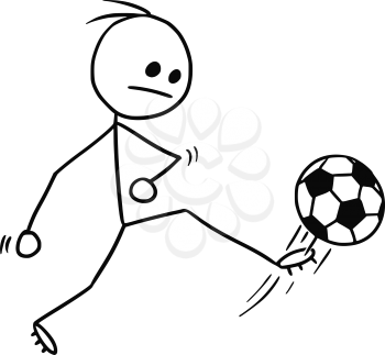 Cartoon vector stickman soccer football player kicking the ball, shot on goal or pass