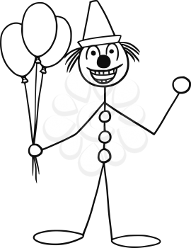 Cartoon vector stickman smiling party or circus clown buffoon with air balloons and cap