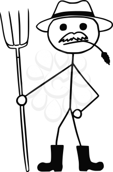Cartoon vector stickman farmer with fork and hat
