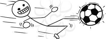 Cartoon vector stickman soccer football player kicking the ball, shot on goal or pass