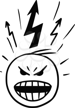 Cartoon vector stickman of head in burst of anger , blow-up, with lightning marks above the head