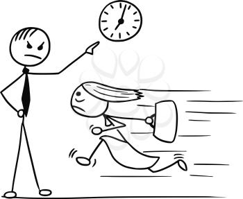 Cartoon vector doodle stickman woman running for work few minutes late and her boss waiting and pointing at wall clock