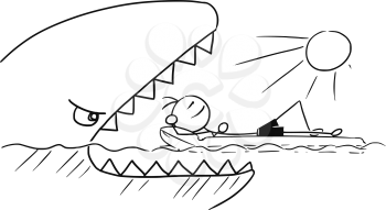 Cartoon vector stickman smiling enjoying sailing a airbed air mattress on summer vacation holiday while attacked by giant fish or shark with open mouth