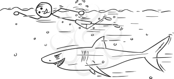 Cartoon vector stickman smiling enjoying swimming crawl on summer vacation holiday with large shark around
