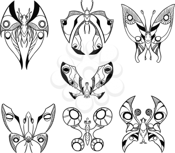 Set of seven cartoon vector hand drawn butterfly like creatures in top down view