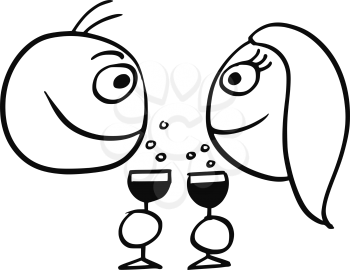 Cartoon vector of man and woman drinking wine or champagne and smiling at each other