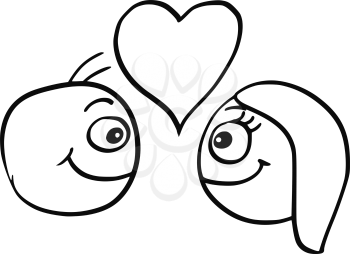 Cartoon vector of man and woman in love smiling at each other with large heart symbol 