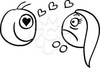 Cartoon vector of woman unpleasantly surprised by happy man in love with heart symbol in his eyes.