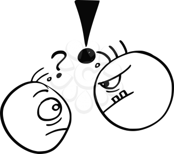 Cartoon vector of small man with question mark above his head threated endangered by big strong man with exclamation mark above his head. 