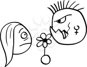 Cartoon vector of young woman surprised on date with ugly dangerous punk mohawk hairstyle man with flower and cigar.