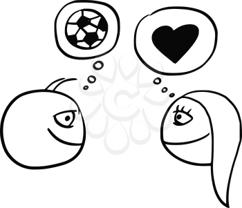 Cartoon vector of difference between man and woman thinking about football soccer ball and heart symbol of love and relationship 