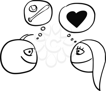 Cartoon vector of difference between man and woman thinking about baseball softball ball and bat and heart symbol of love and relationship 