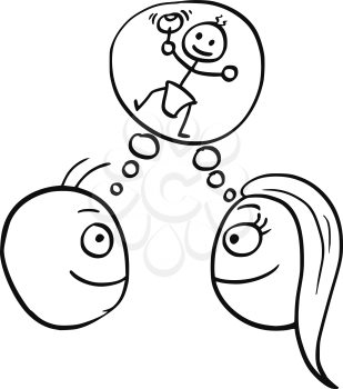 Cartoon vector of man and woman thinking planning together to have a baby infant