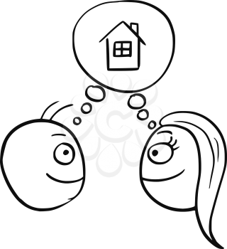 Cartoon vector of man and woman thinking planning together to live in, build, buy or rent a family house 