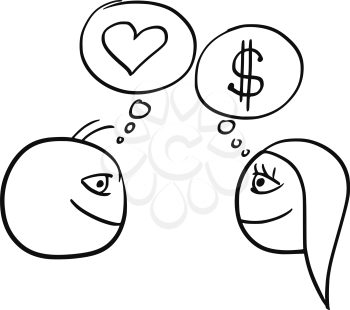 Cartoon vector of difference between man and woman thinking about relationship - money dollar sign and heart symbol of love