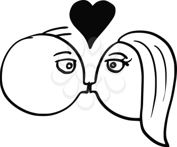 Cartoon vector of man and woman in love kissing smooching each other with large heart symbol above their heads