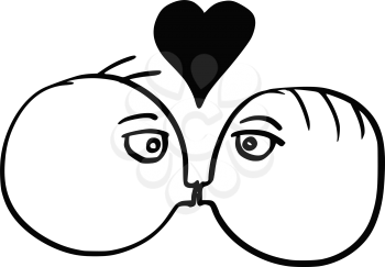 Cartoon vector of man and man two gay men in love kissing smooching each other with large heart symbol above their heads