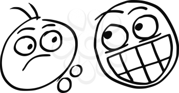Cartoon vector of man unpleasantly surprised by happy man with crazy smile