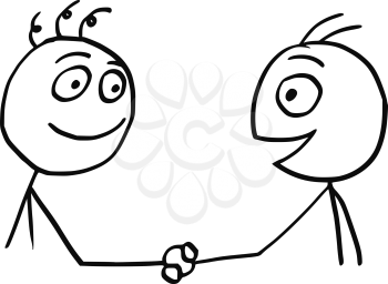 Cartoon vector of two friendly men shaking their hands.