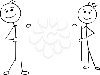 Cartoon vector stick man stickman drawing of two smiling men holding a large empty sign.