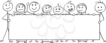 Cartoon vector stick man stickman drawing of eight smiling people holding a large empty sign.