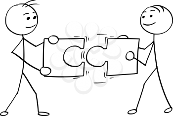 Cartoon vector stick man stickman drawing of two smiling men , each one holding a large jigsaw puzzle piece, trying to connect them together.