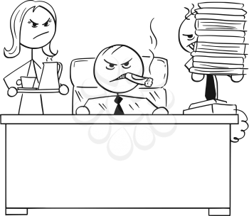 Cartoon vector stick man stickman drawing of angry boss with big cigar sitting behind his desk with male assistant and female secretary behind him.