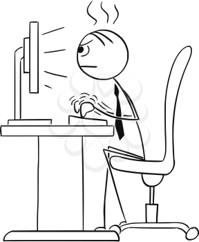 Cartoon vector stick man stickman drawing of Man working typing hard on the desktop computer.
